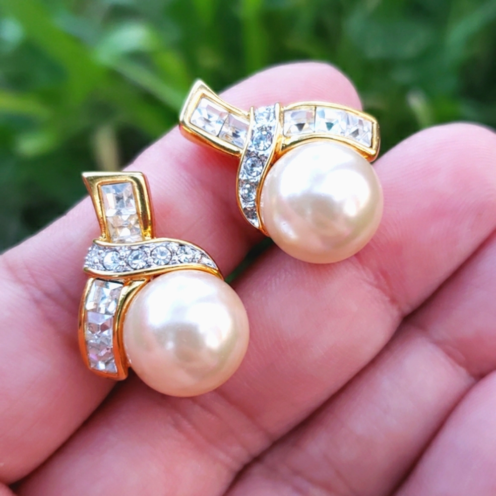 Vtg Kenneth Jay Lane Kjl Pearl Diamante Rs Earring - image 6